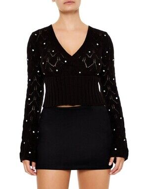Forever 21 Black V-Neck Rhinestone Cropped Knit Sweater